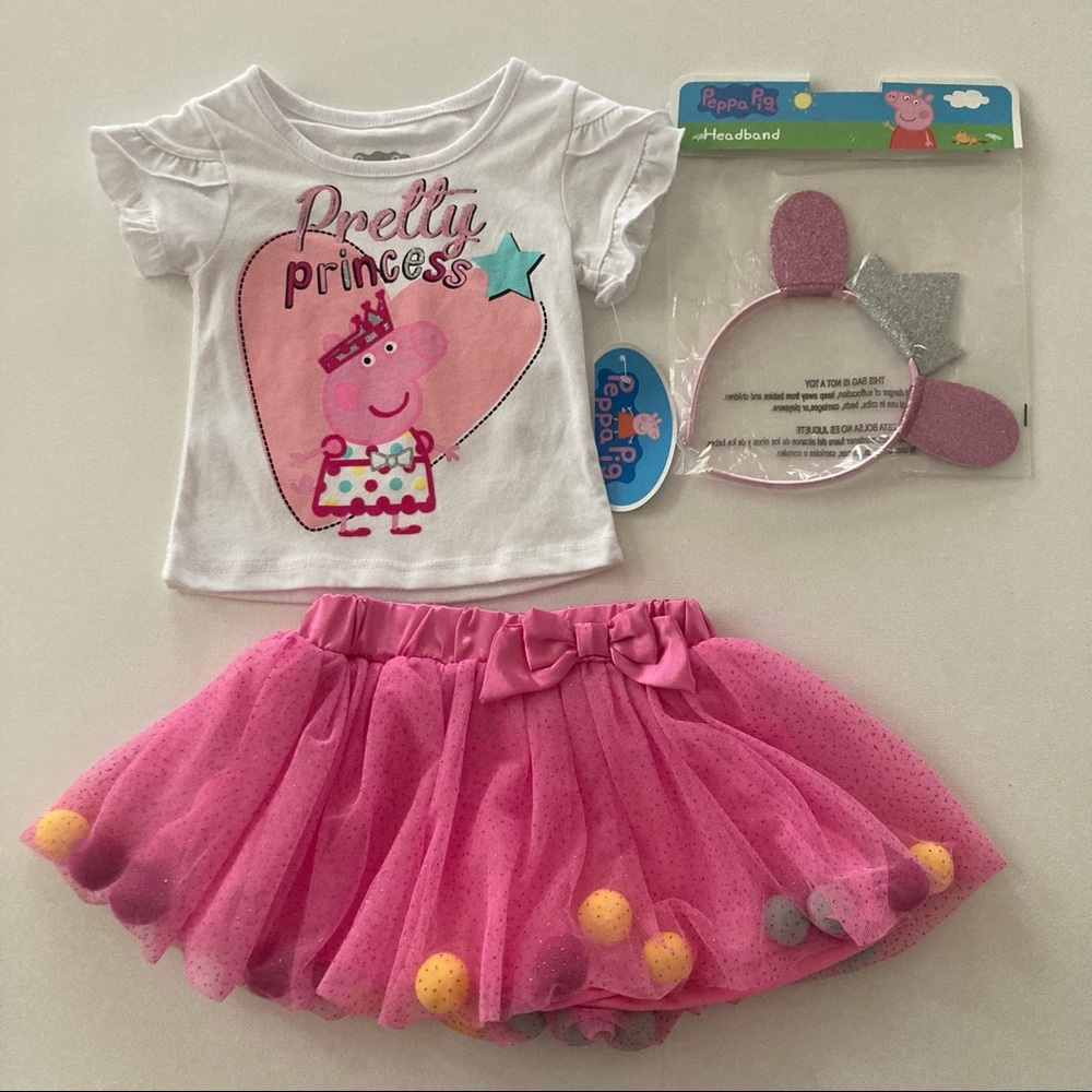 Peppa Pig 2T Toddler Girl Outfit Tee Skirt Headband Set Pink Costume